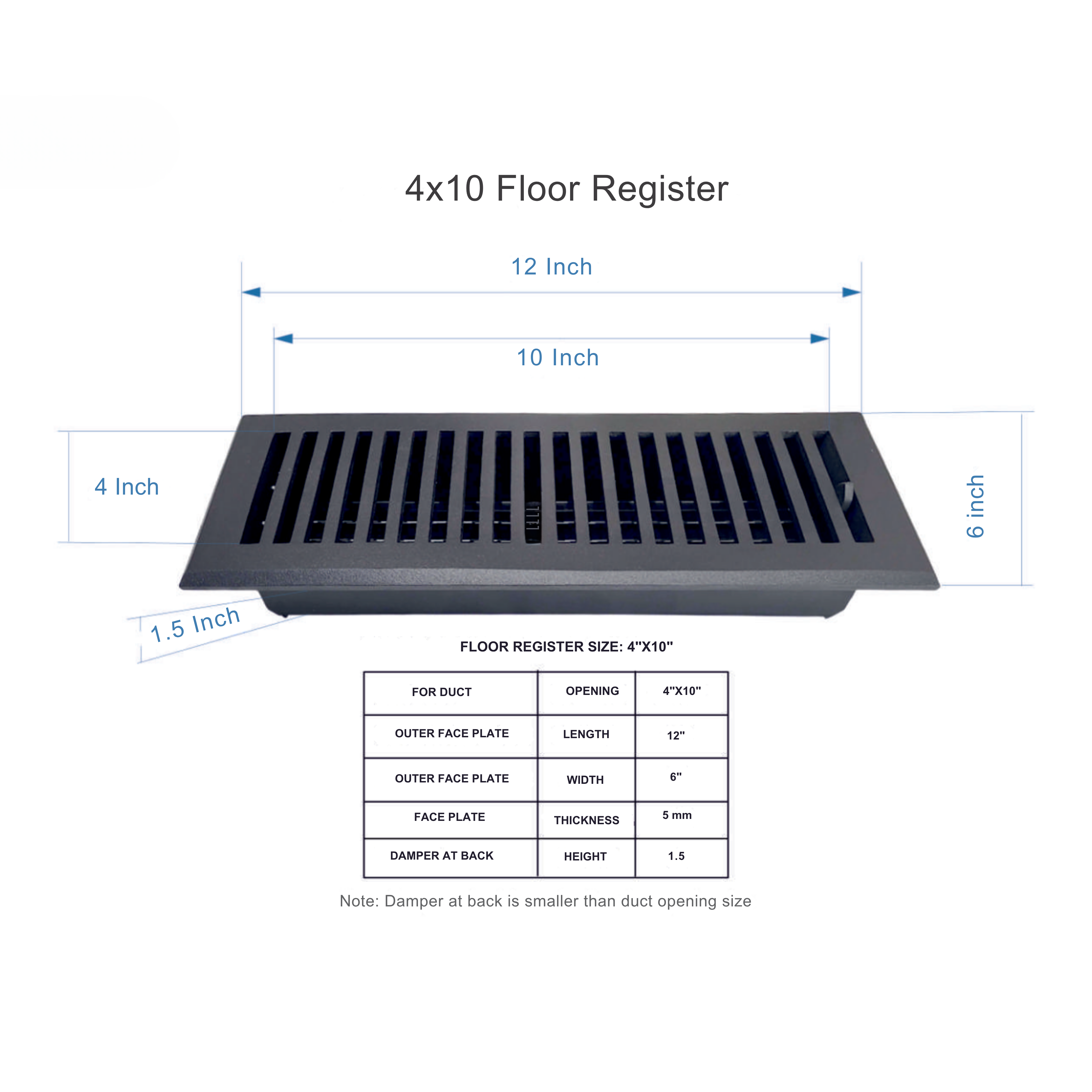 4x10 floor register with dimensions and specifications on a white background