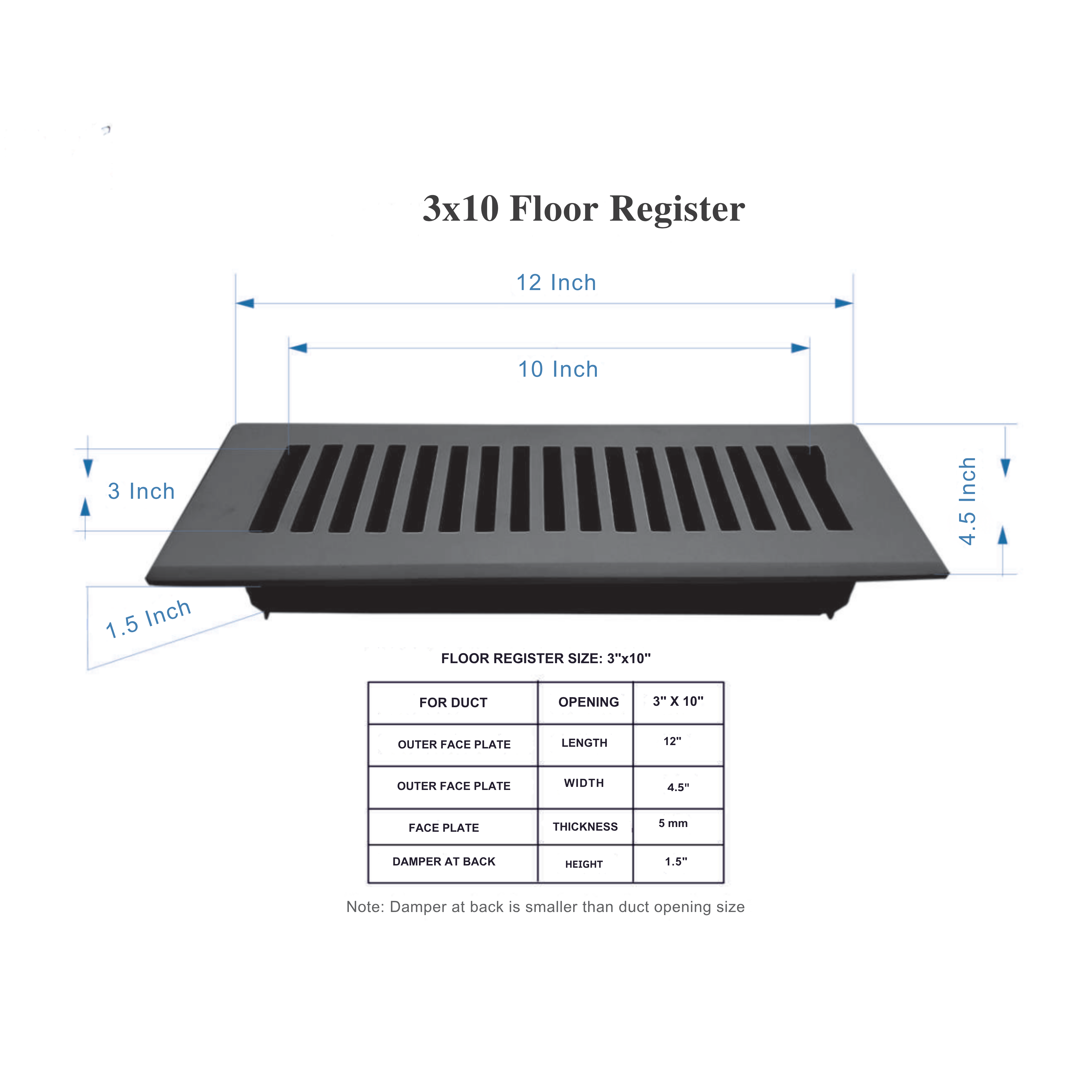 3x10 floor register with dimensions and specifications on a white background