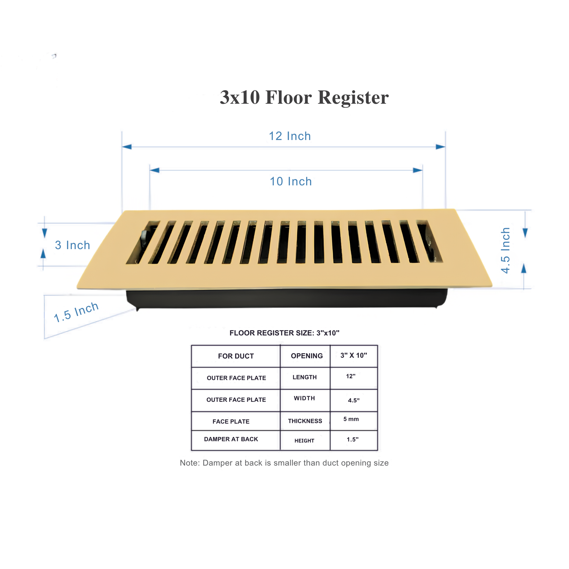 3x10 floor register with dimensions and specifications on a white background