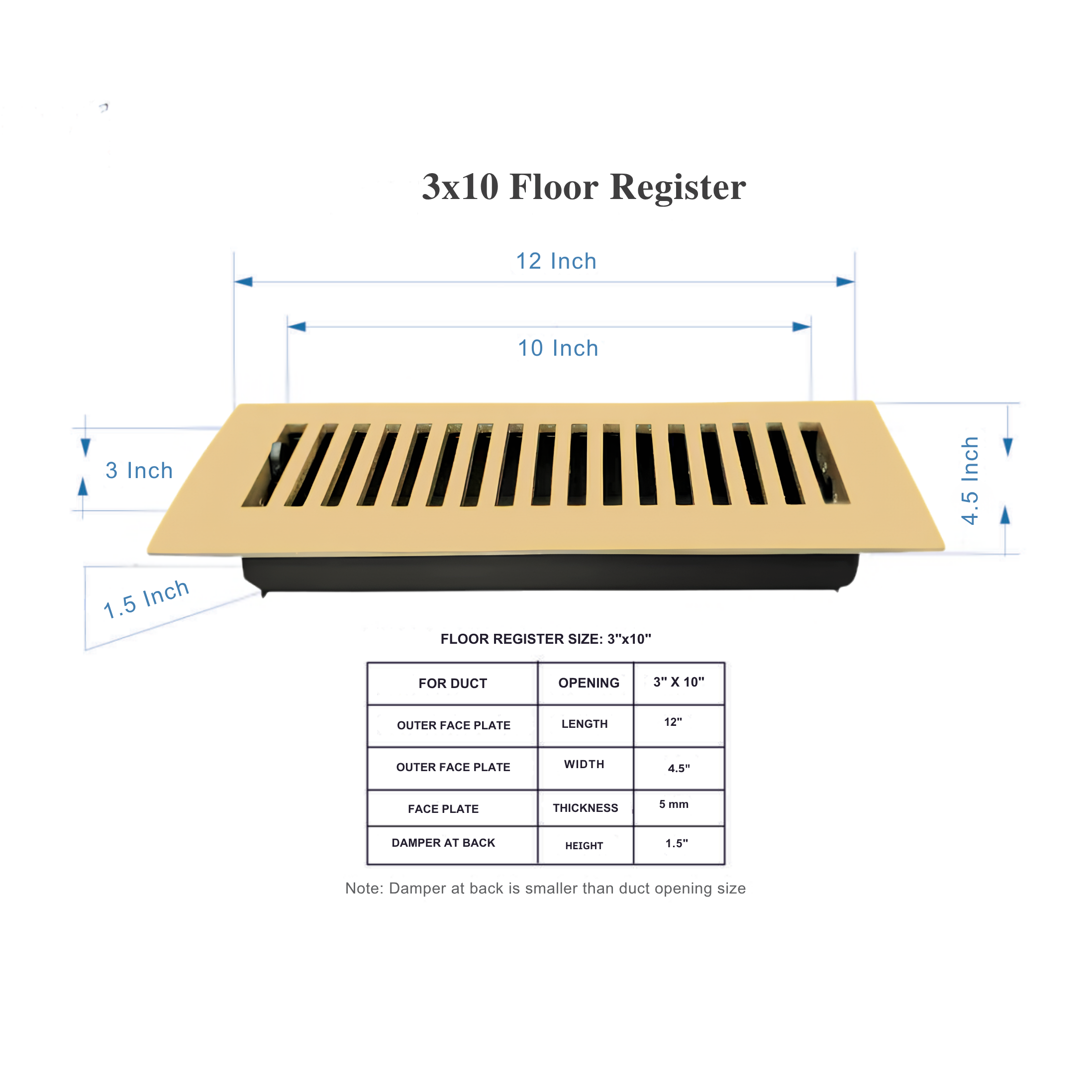 3x10 floor register with dimensions and specifications on a white background
