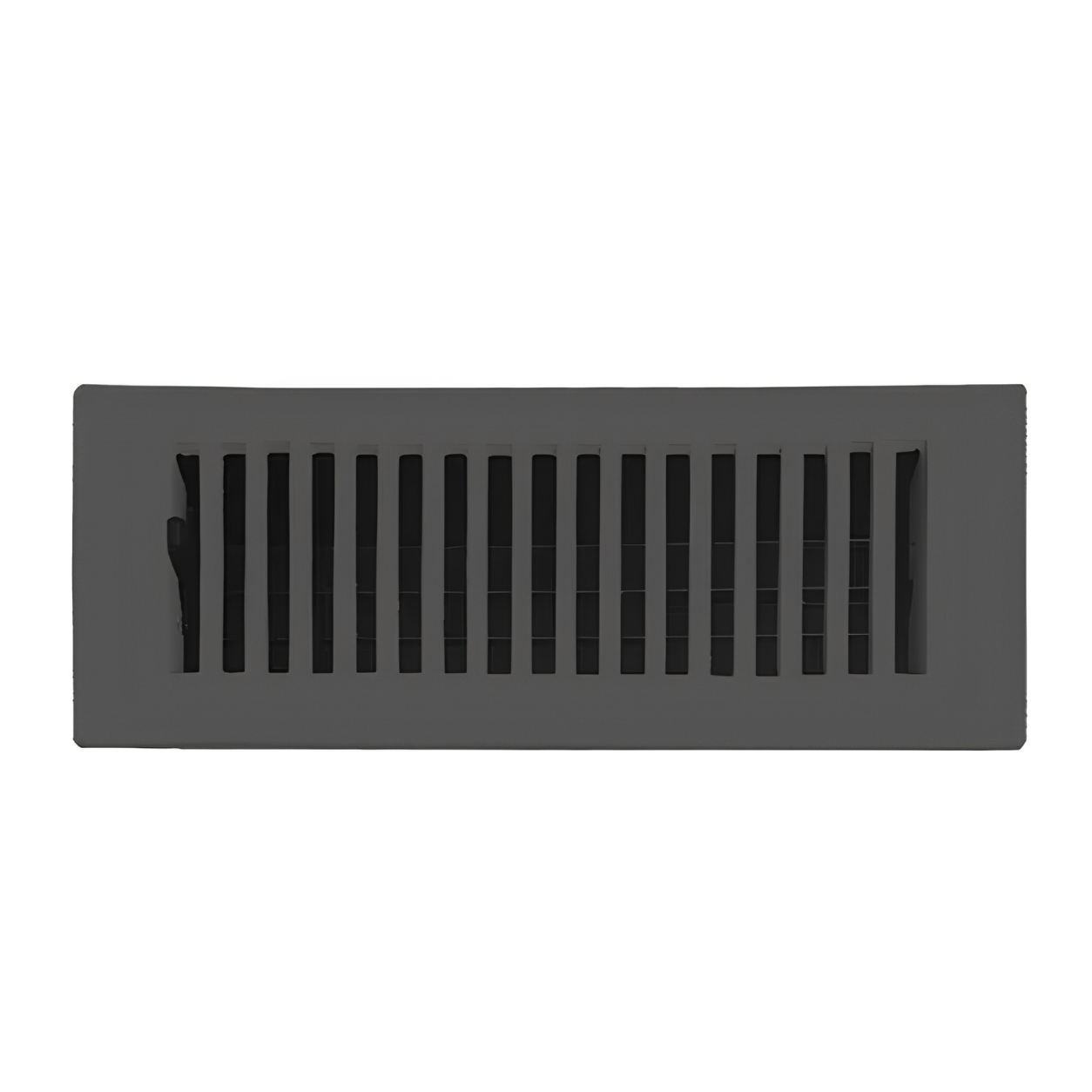 Rectangular black floor vent on a white background