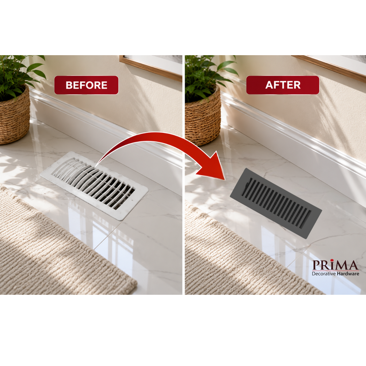 Before and after comparison of a floor vent cover with Prima decorative hardware branding.