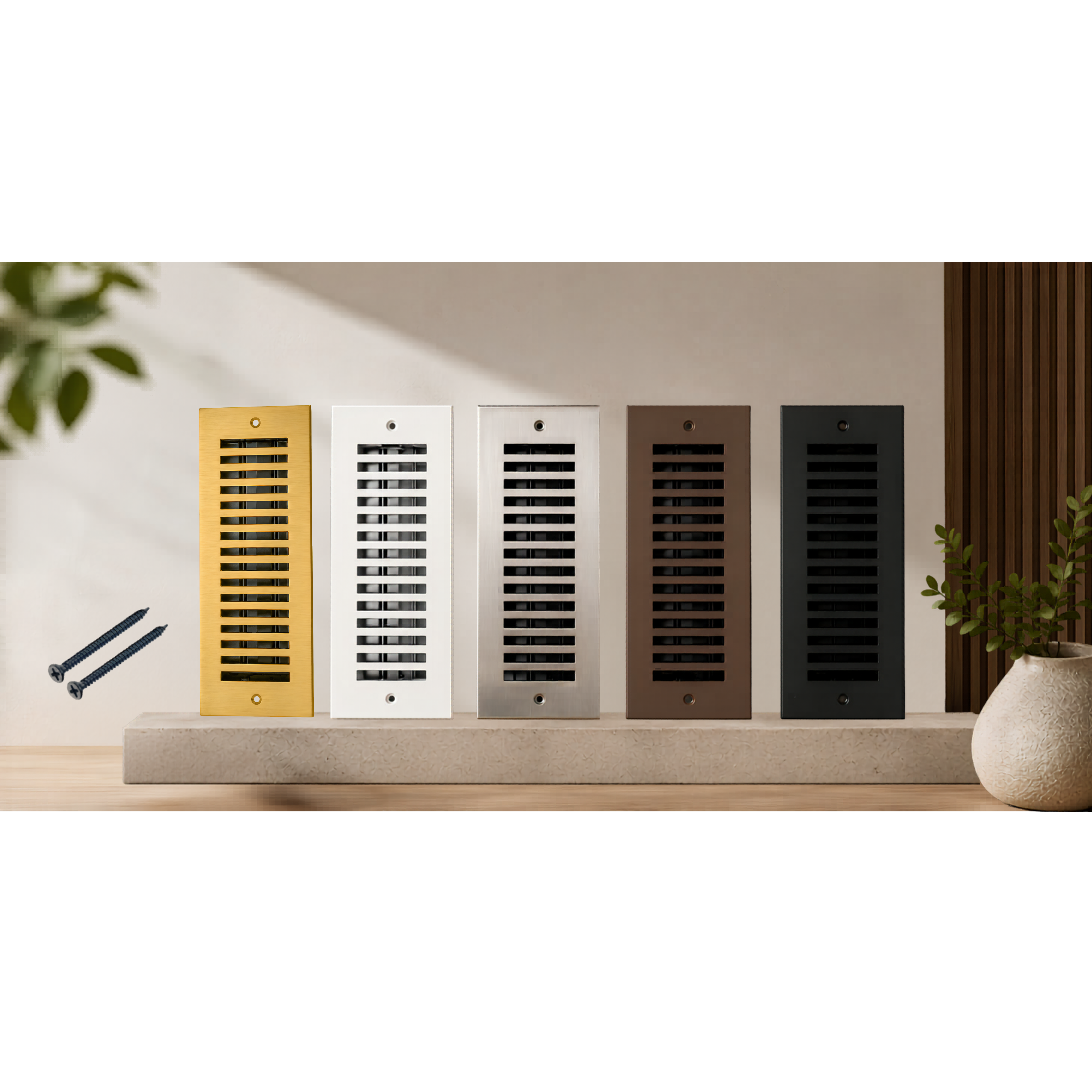 Five different colored radiator covers on a wooden surface with a neutral background.