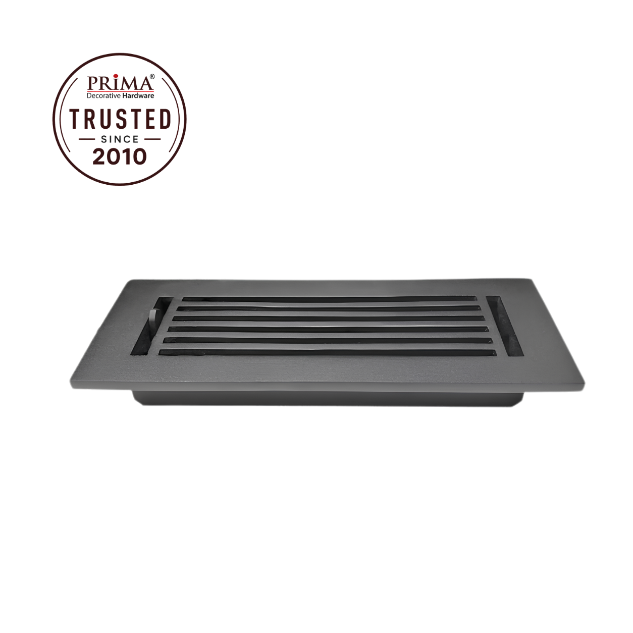 Gray floor vent with Prima decorative hardware logo on a white background