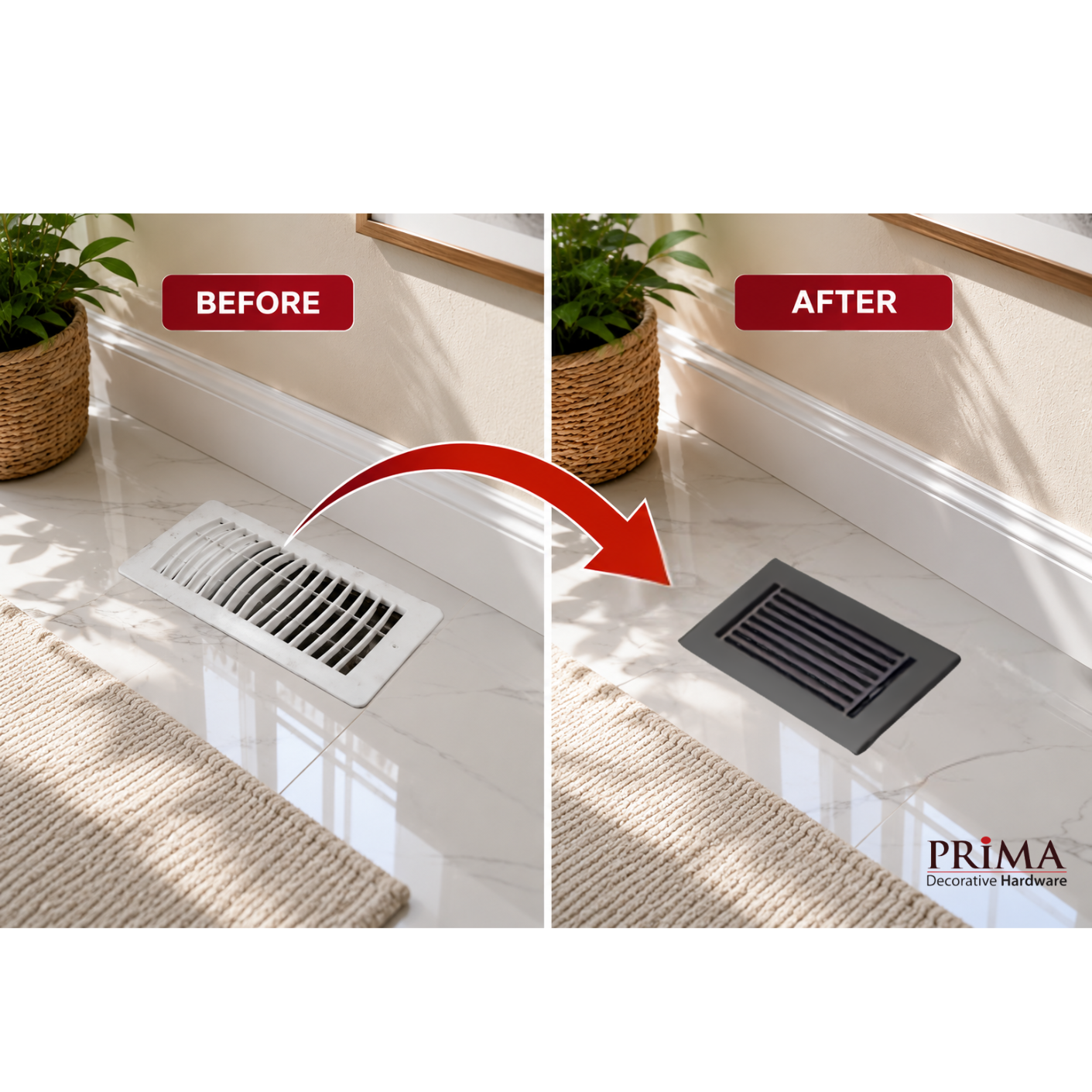 Before and after comparison of a floor vent cover with Prima decorative hardware branding.