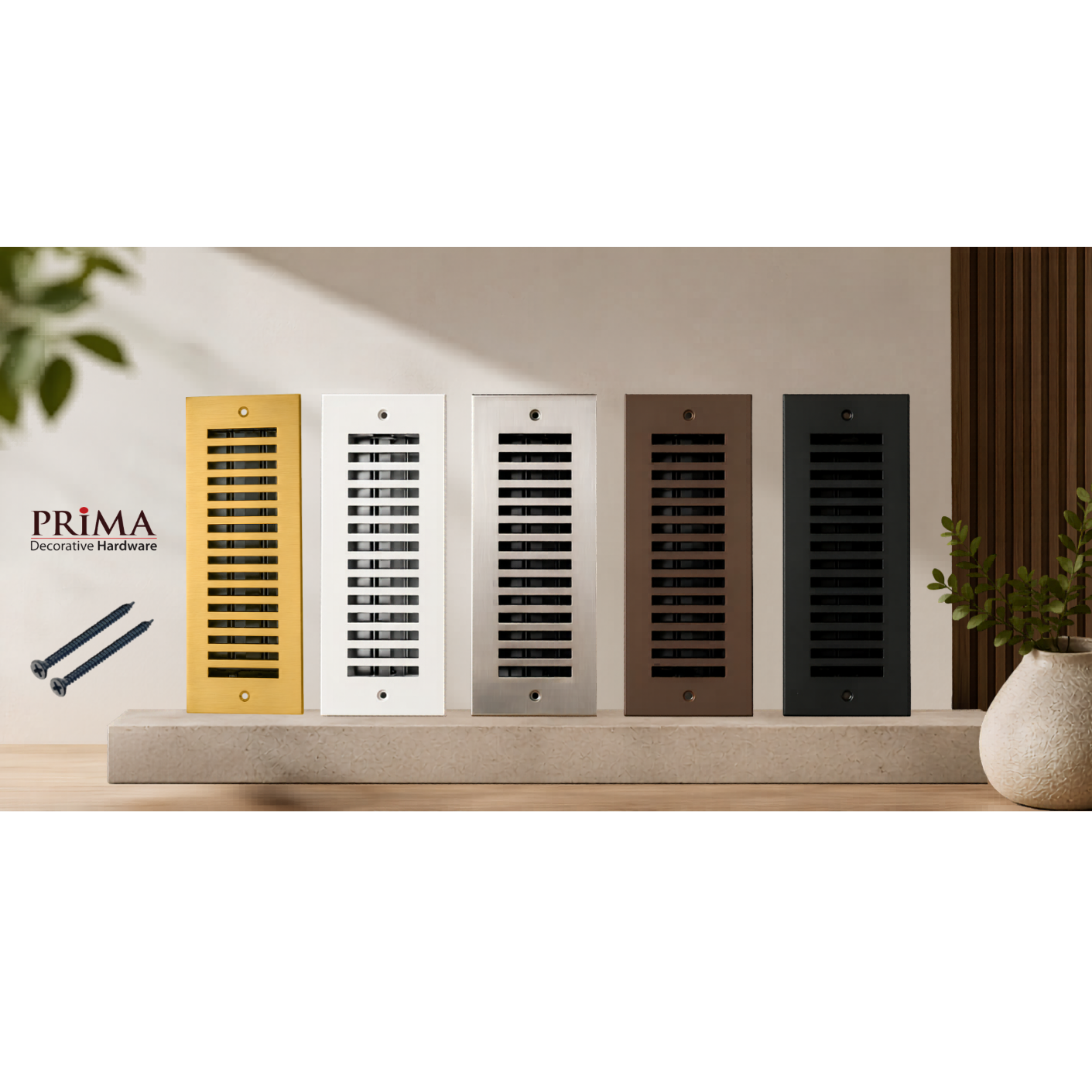 Set of five decorative air vents in different colors on a wooden surface with a neutral background.