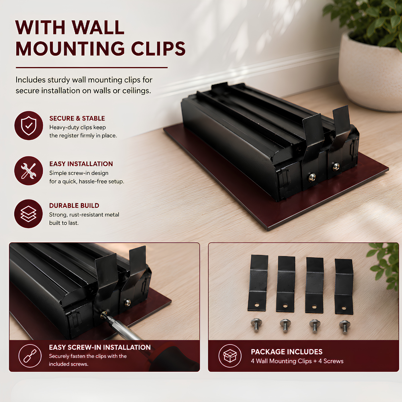 Black register with wall mounting clips on a wooden floor.