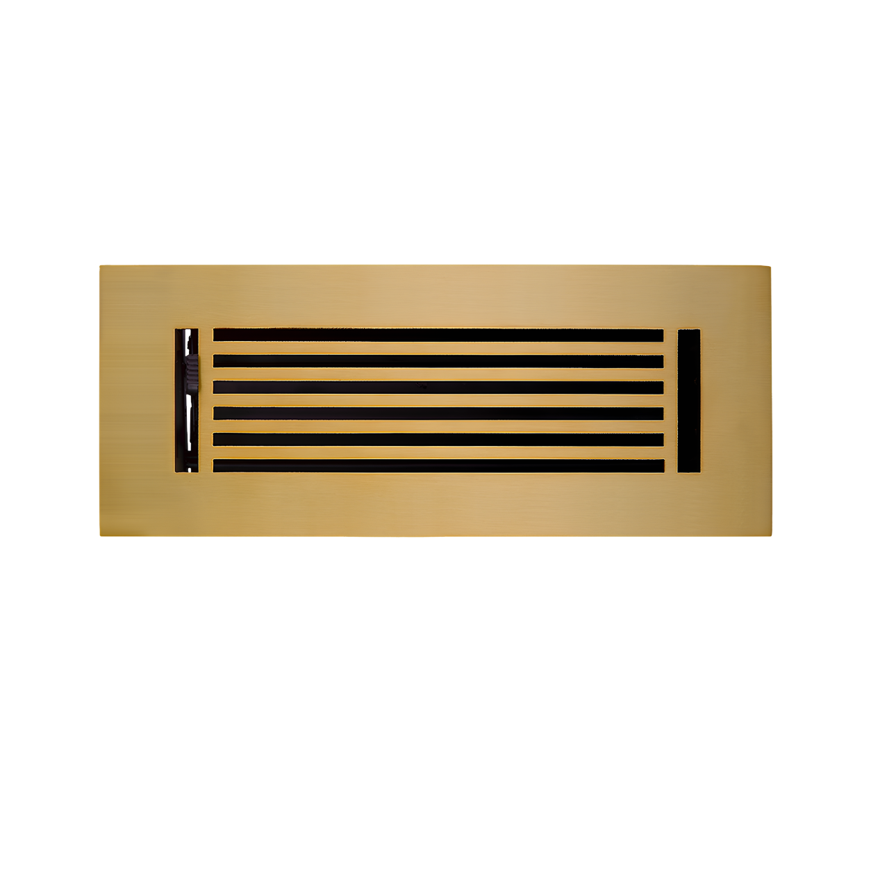 Rectangular gold air vent with black slats on a white background