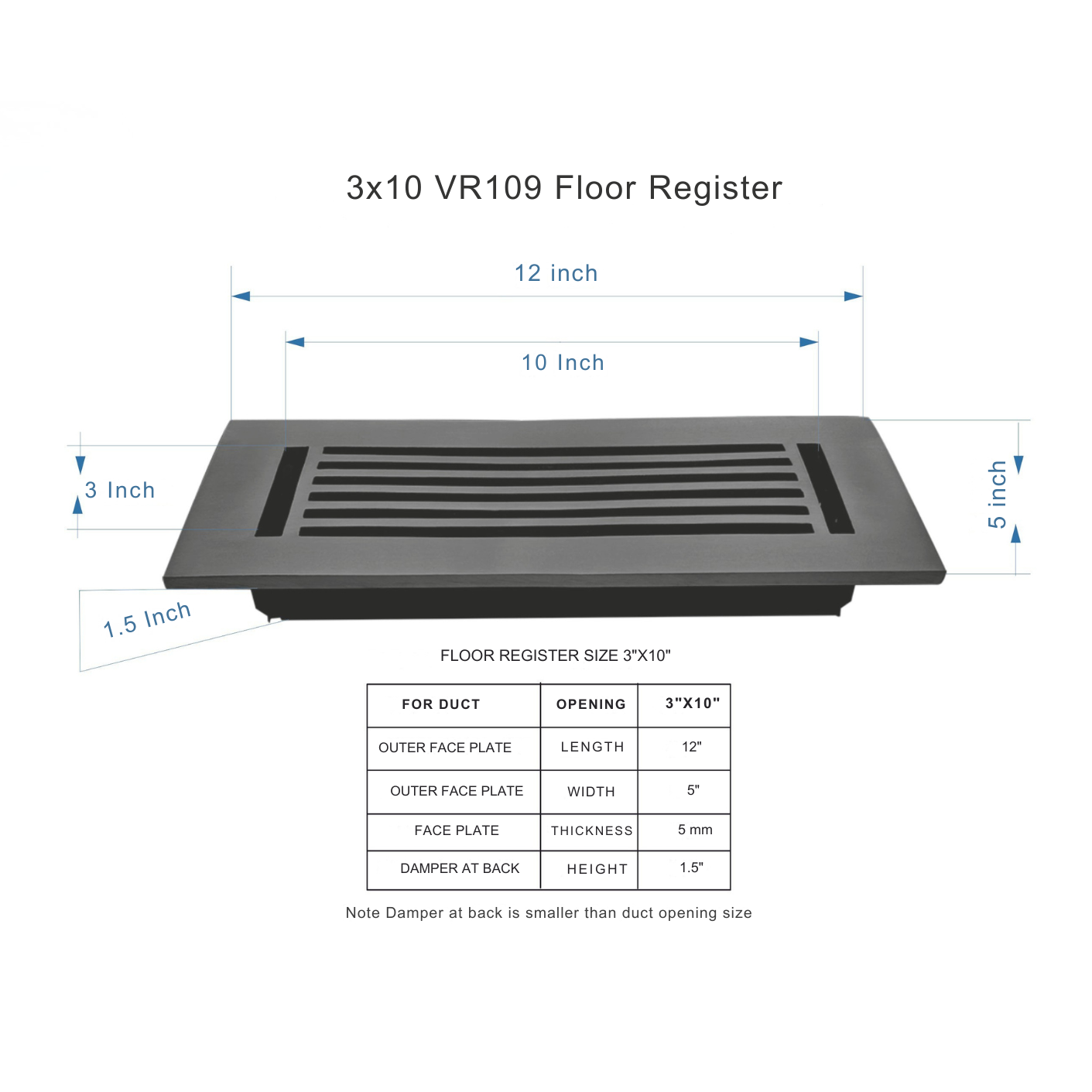 3x10 VR109 Floor Register with dimensions and specifications on a white background