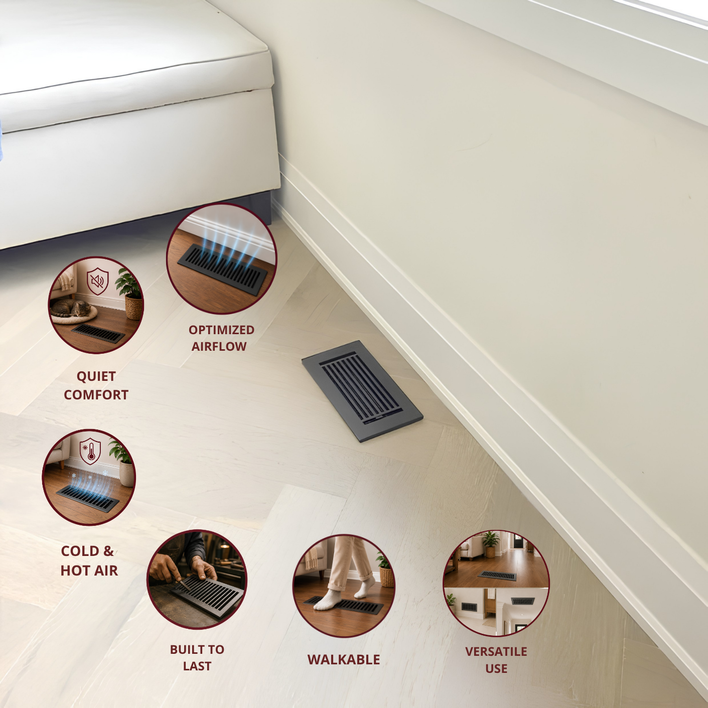 Floor vent with features highlighted on a white floor and wall.
