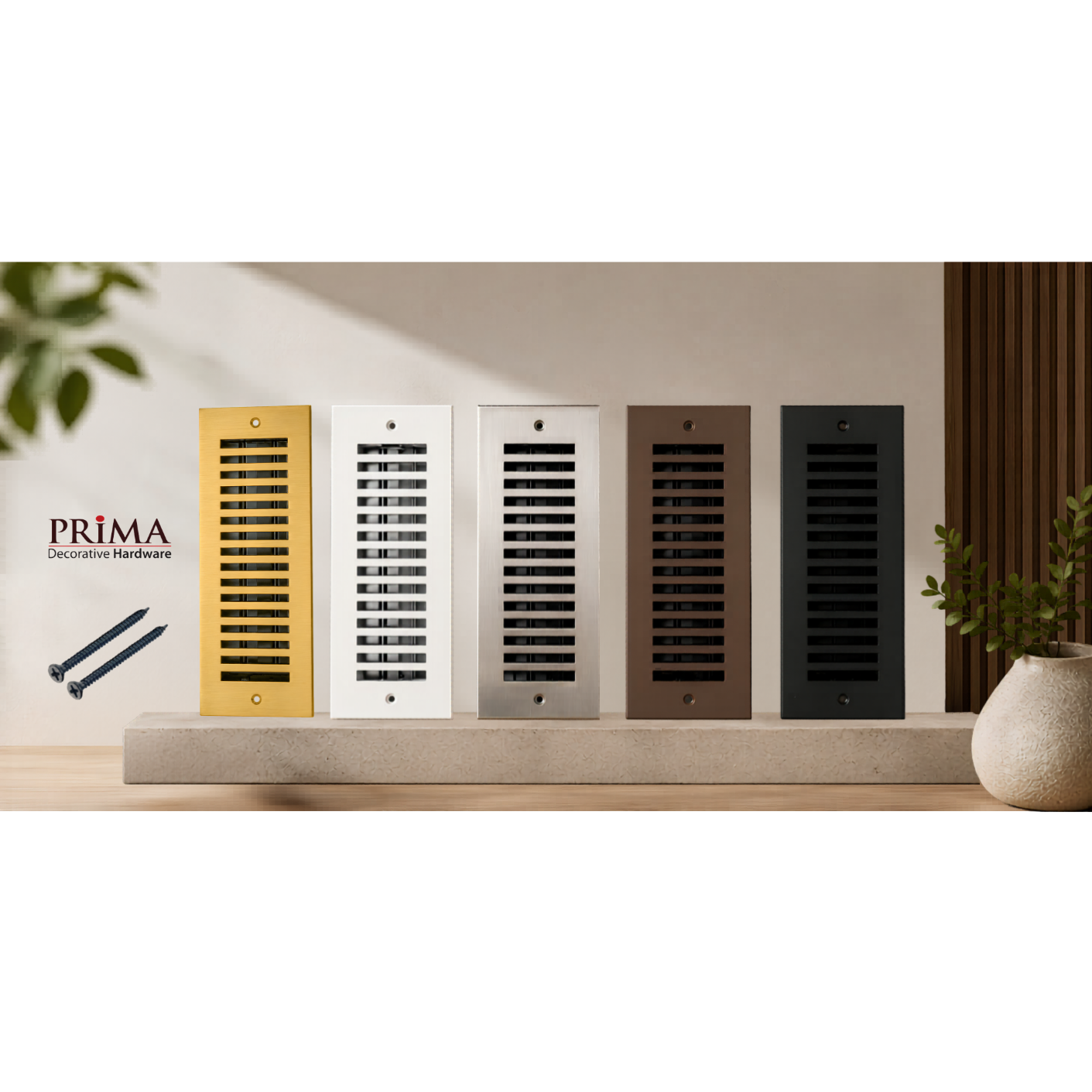 Set of decorative hardware vents in various colors on a neutral background with Prima brand logo.