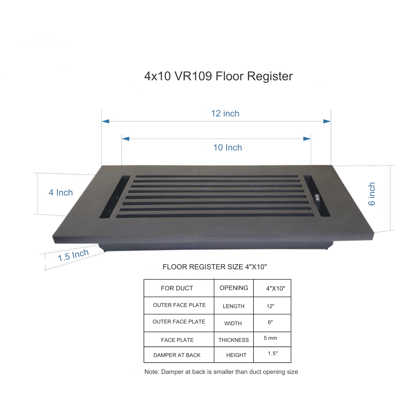4x10 VR109 Floor Register with dimensions and specifications on a white background