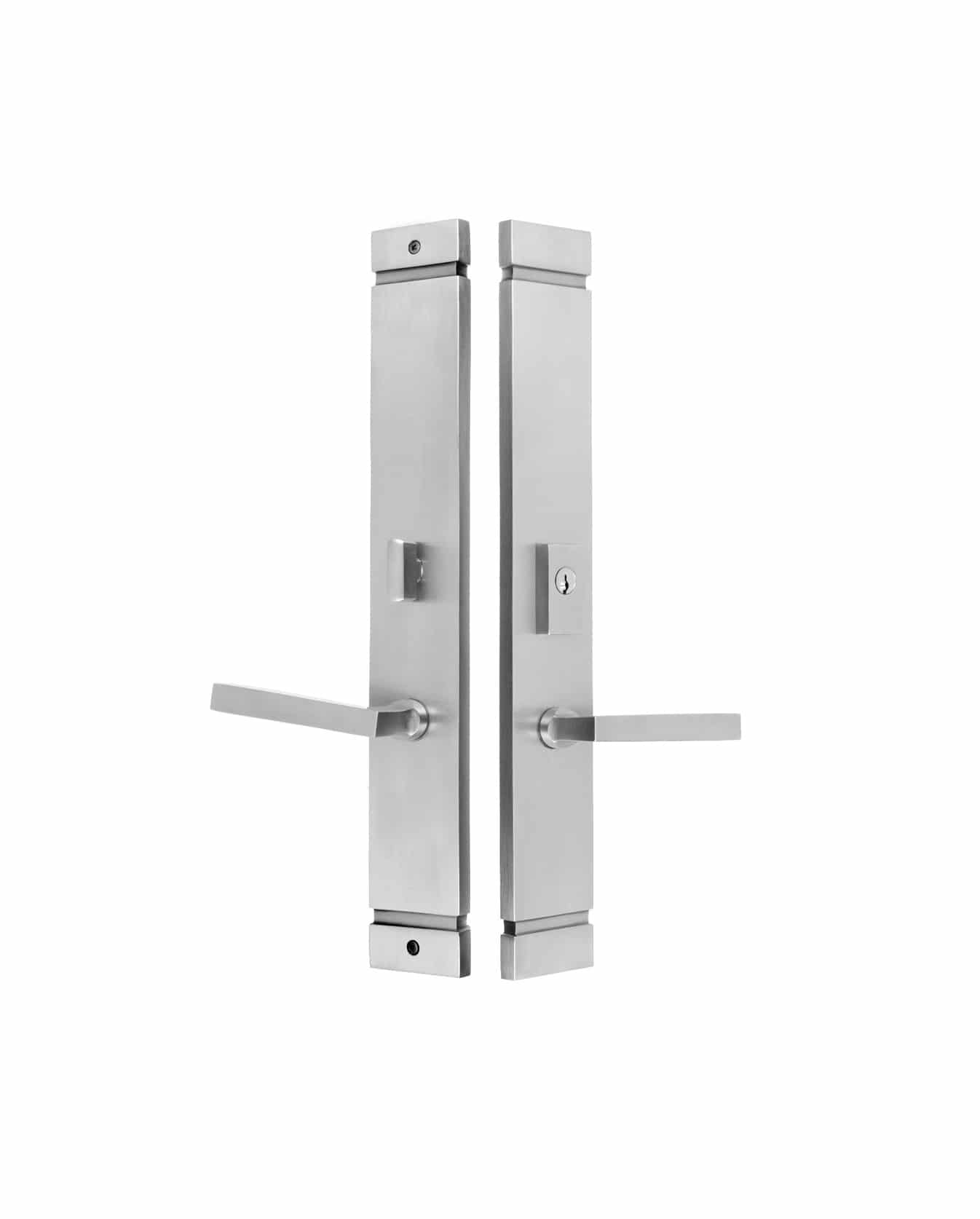 Two Prima Decorative Hardware stainless steel door handles with rectangular backplates are shown back-to-back on a white background. Both have sleek satin nickel levers; one features a keyhole, enhancing their contemporary style.