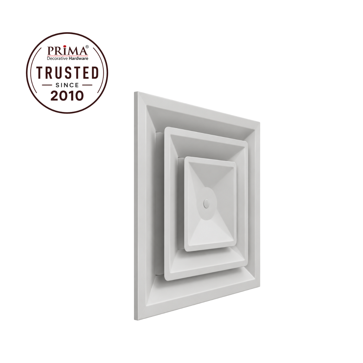 Angled view of 24 x 24 white steel ceiling air diffuser with Prima Trusted Since 2010 badge 2CSD
