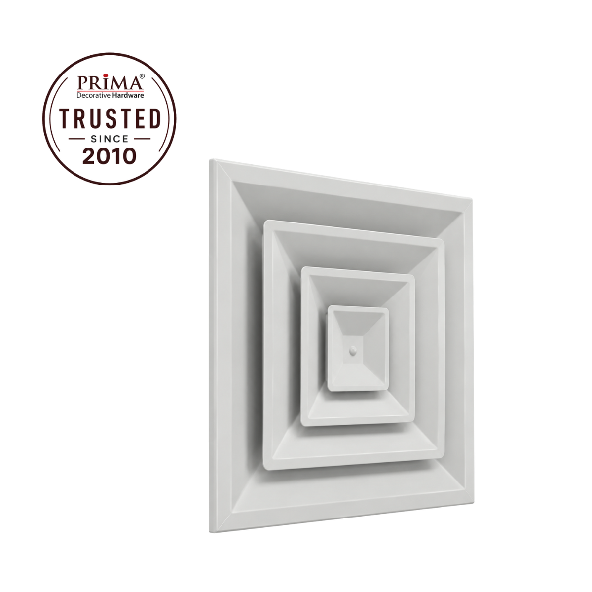 Angled view of 24 x 24 white steel ceiling air diffuser with Prima Trusted Since 2010 badge 3CSD
