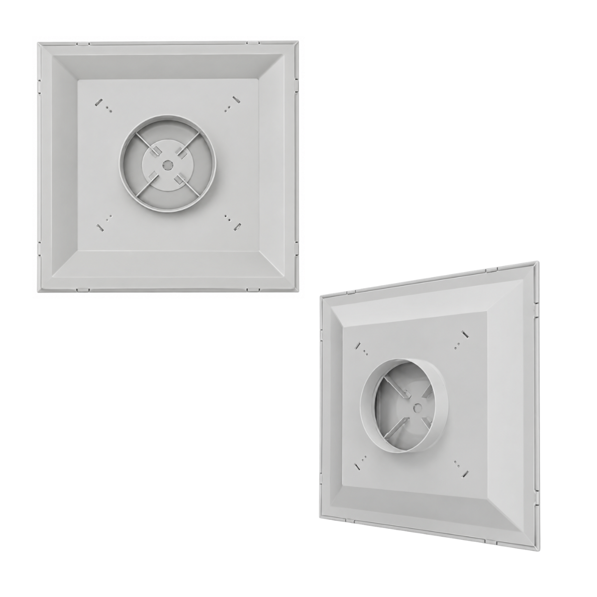 Back view of 24 x 24 white steel ceiling air diffuser with 8-inch round neck for HVAC duct connection 2CSD
