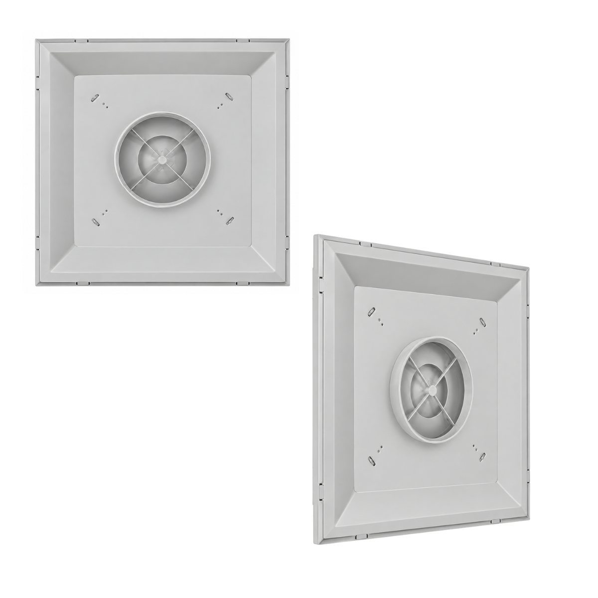Back view of 24 x 24 white steel ceiling air diffuser with 8-inch round neck for HVAC duct connection 3CSD
