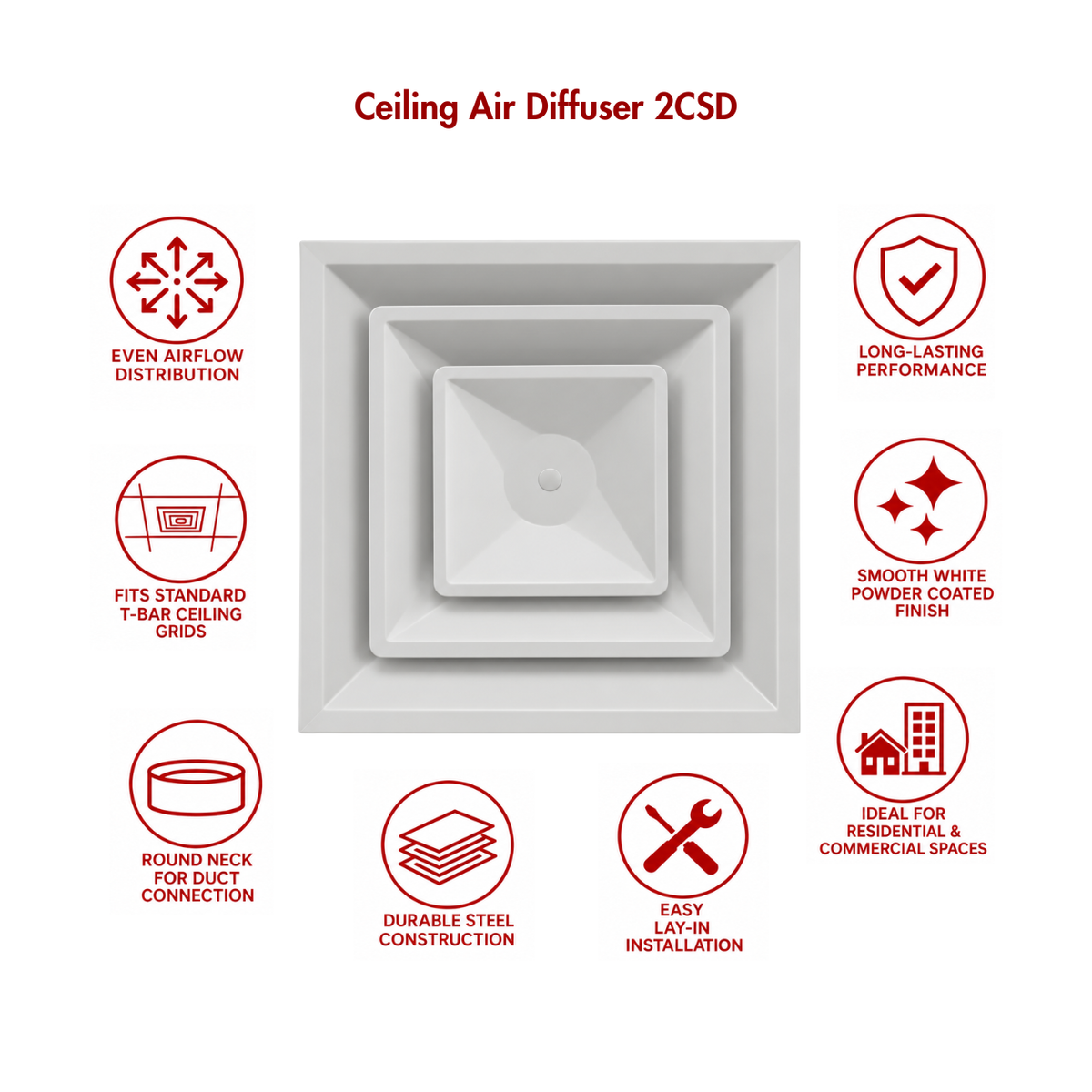 1CSD ceiling air diffuser with icons for even airflow, steel construction, round neck and easy installation 2CSD
