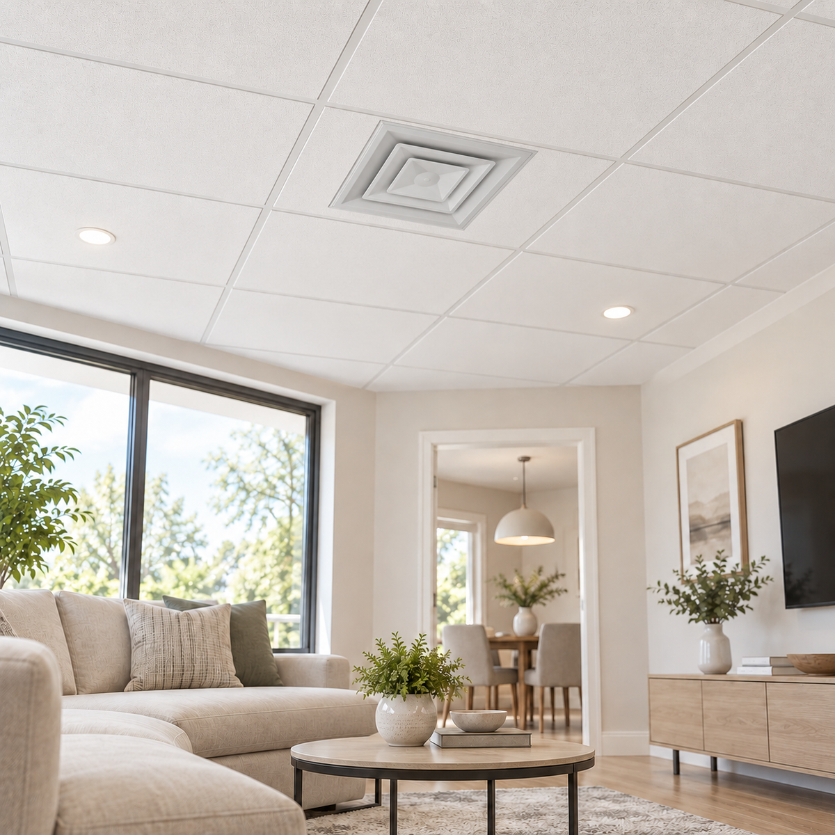 24 x 24 white steel ceiling air diffuser installed in modern home for HVAC heating and cooling airflow 2CSD
