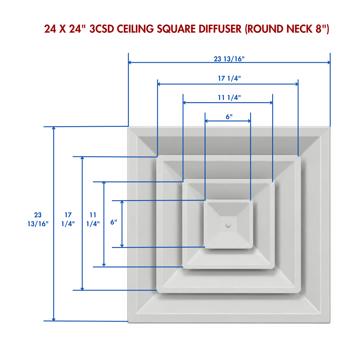 24 x 24 1CSD ceiling square diffuser measurement diagram with 8-inch round neck and duct opening dimensions 3CSD 
