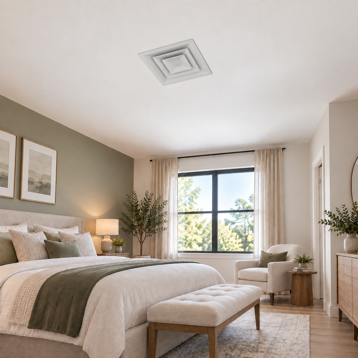 24 x 24 white steel ceiling air diffuser installed in bedroom for HVAC heating and cooling airflow 2CSD
