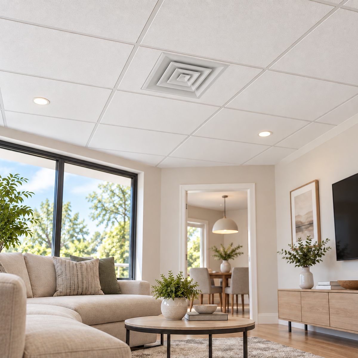 24 x 24 white steel ceiling air diffuser installed in modern home for HVAC heating and cooling airflow 3CSD
