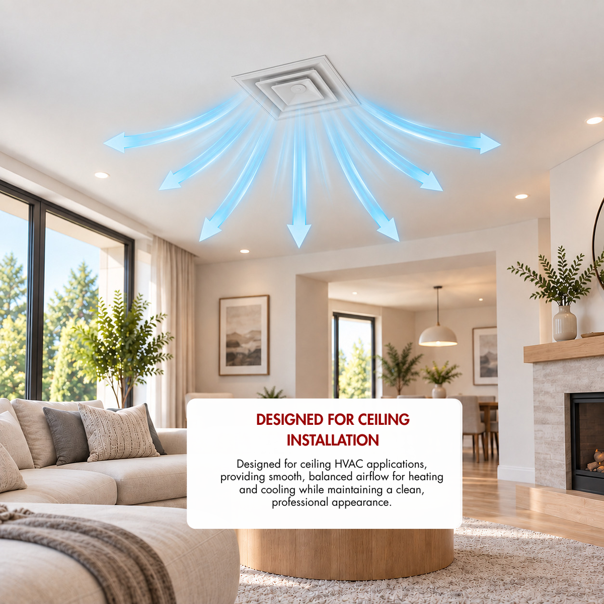 24 x 24 ceiling air diffuser installed in home ceiling showing balanced multi-directional HVAC airflow 2CSD
