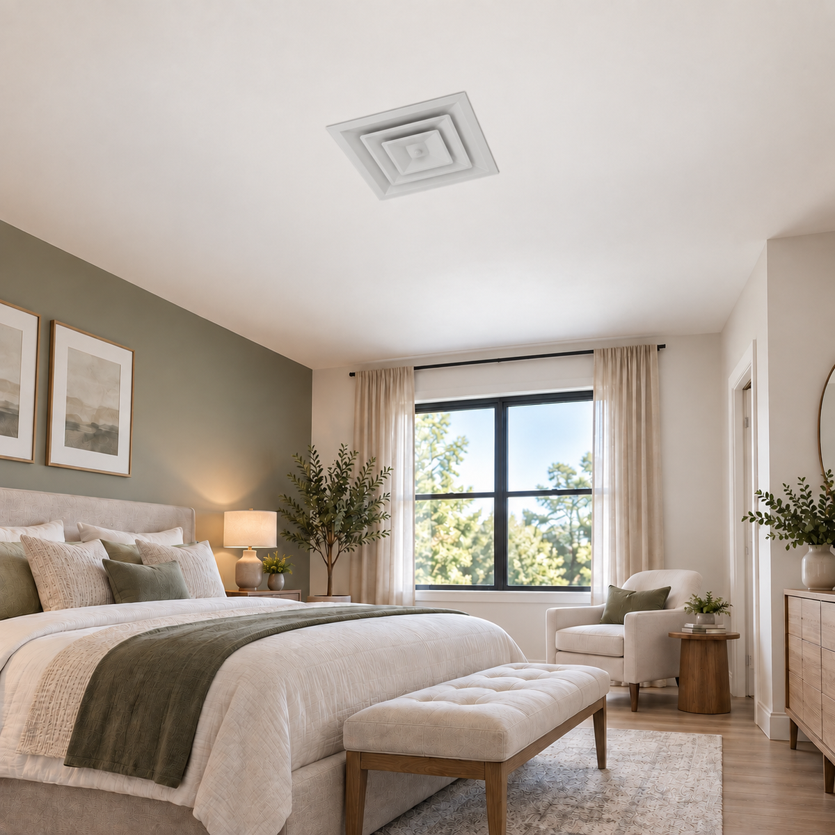 24 x 24 white steel ceiling air diffuser installed in bedroom for HVAC heating and cooling airflow 3CSD
