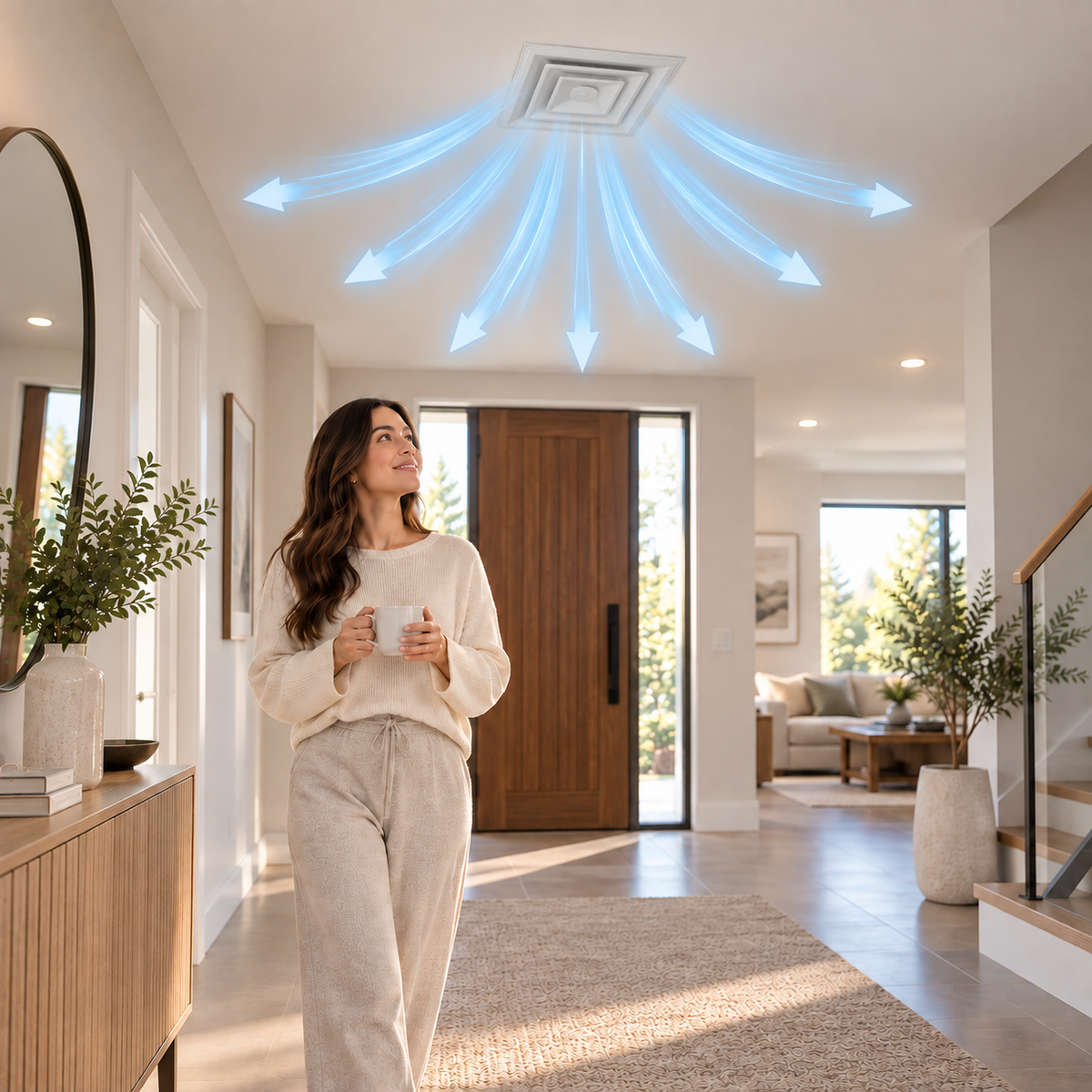 Ceiling air diffuser installed in modern home showing even multi-directional HVAC airflow with person 2CSD
