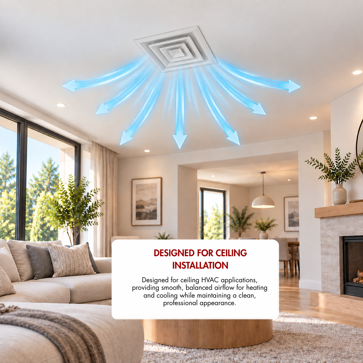 24 x 24 ceiling air diffuser installed in home ceiling showing balanced multi-directional HVAC airflow 3CSD
