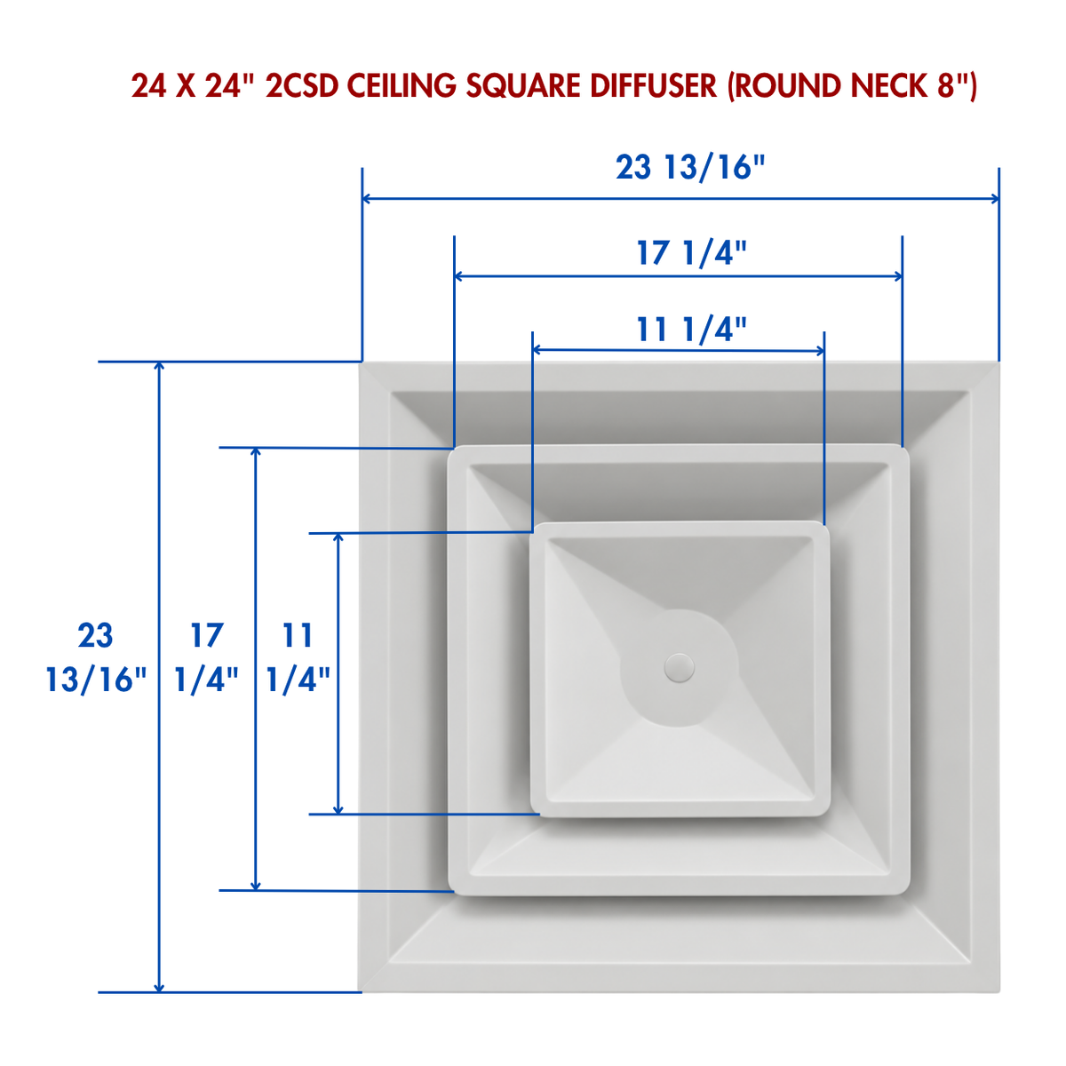 24 x 24 1CSD ceiling square diffuser measurement diagram with 8-inch round neck and duct opening dimensions 2CSD
