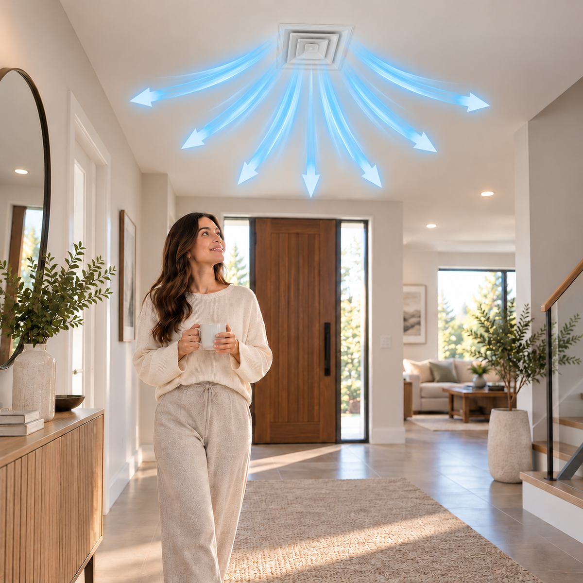 Ceiling air diffuser installed in modern home showing even multi-directional HVAC airflow with person 3CSD 
