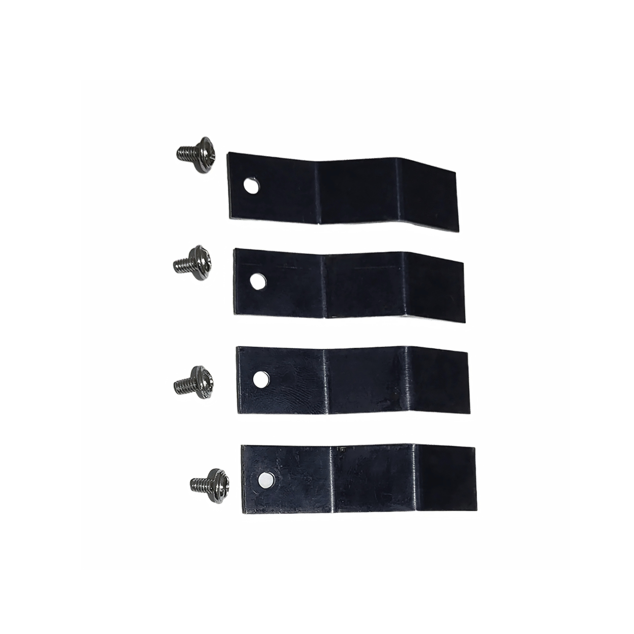Set of black metal straps with screws on a white background
