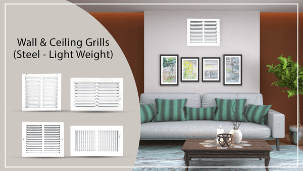 A modern living room with a grey sofa and green pillows is shown. Four types of white steel wall and ceiling grills are displayed on the left, with one grill installed above framed artwork on the wall. Text reads: “Wall & Ceiling Grills (Steel - Light Weight).”.