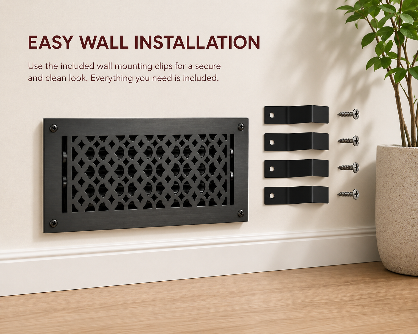 Decorative black wall vent with mounting clips on a white wall, featuring text about easy wall installation.