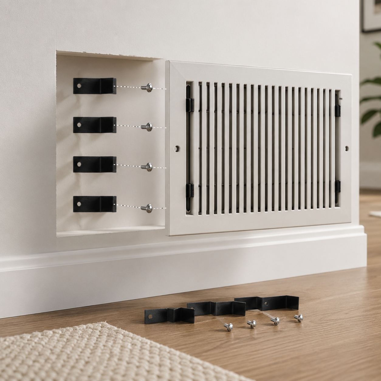 Decorative radiator cover with black accents on a white wall.
