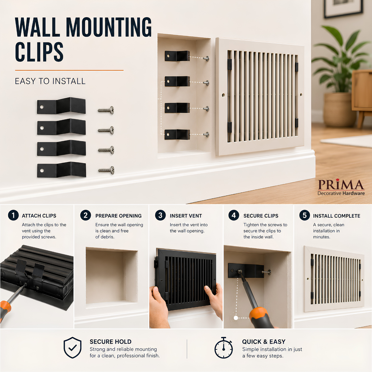 Wall mounting clips for vent installation with step-by-step guide and Prima branding.