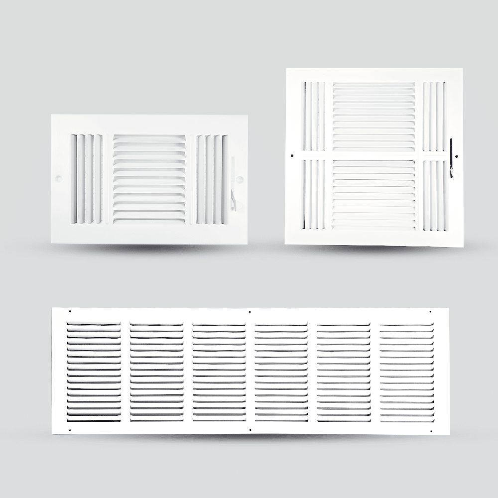 Three white metal vent covers with horizontal slats are displayed on a light gray background. Two are shown above, one rectangular and one square, while a long rectangular cover is positioned below.