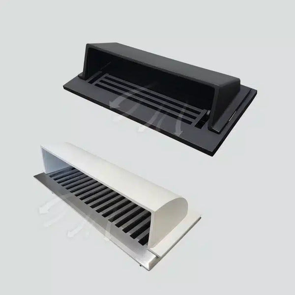 Two rectangular louvered air vents, one black and one white, are shown against a plain light gray background. The vents feature angled slats and a modern, minimalist design.