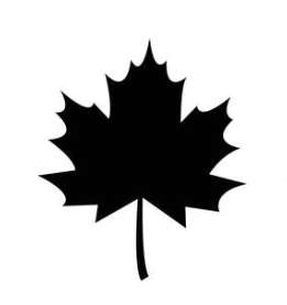 Solid black silhouette of a maple leaf with pointed edges and a single stem, displayed on a white background.