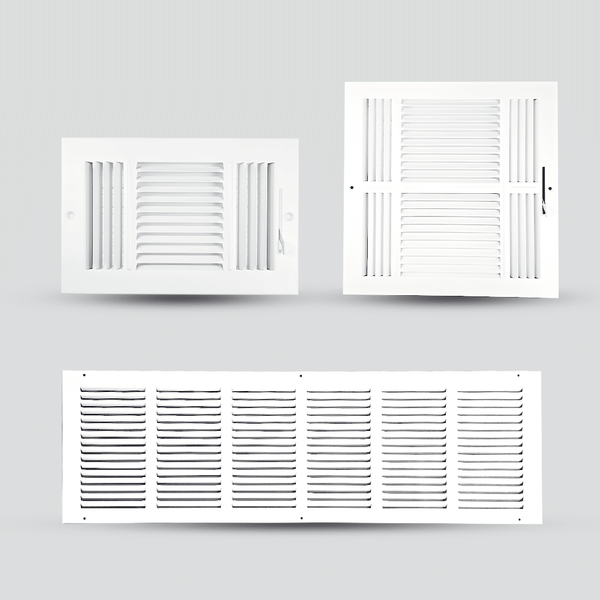 Three white metal vent covers with horizontal slats are displayed against a light gray background; two are shown upright and one is longer, placed below the others.
