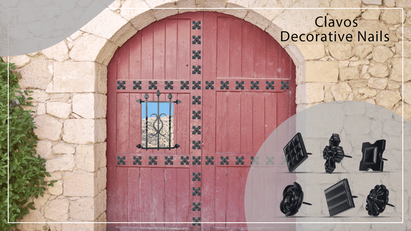 A rustic red wooden door with decorative black nail accents is set in a stone wall. On the right, text reads Clavos Decorative Nails and there are six styles of black decorative nails displayed.