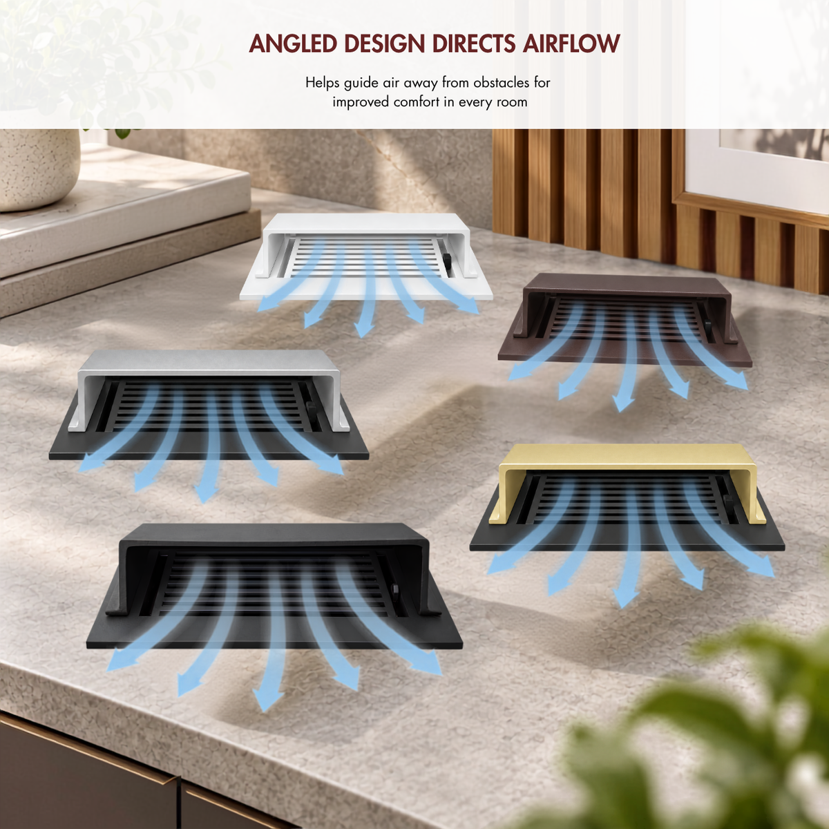 Different finishes of air deflector installed in floor registers. 
