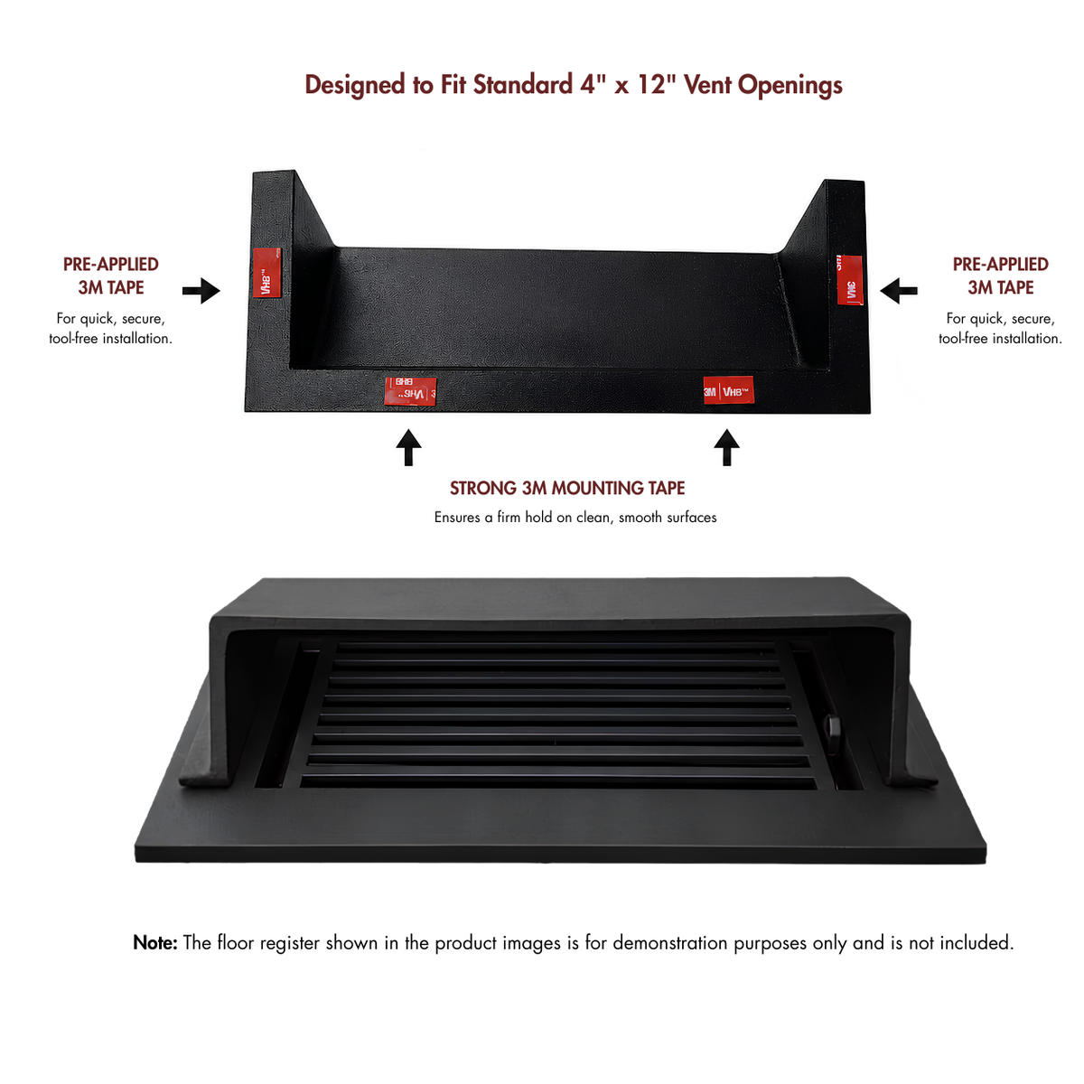 A matte black deflector pre-applied 3M mounting tape and mounting strips shown on a vent opening, with explanatory text. 
