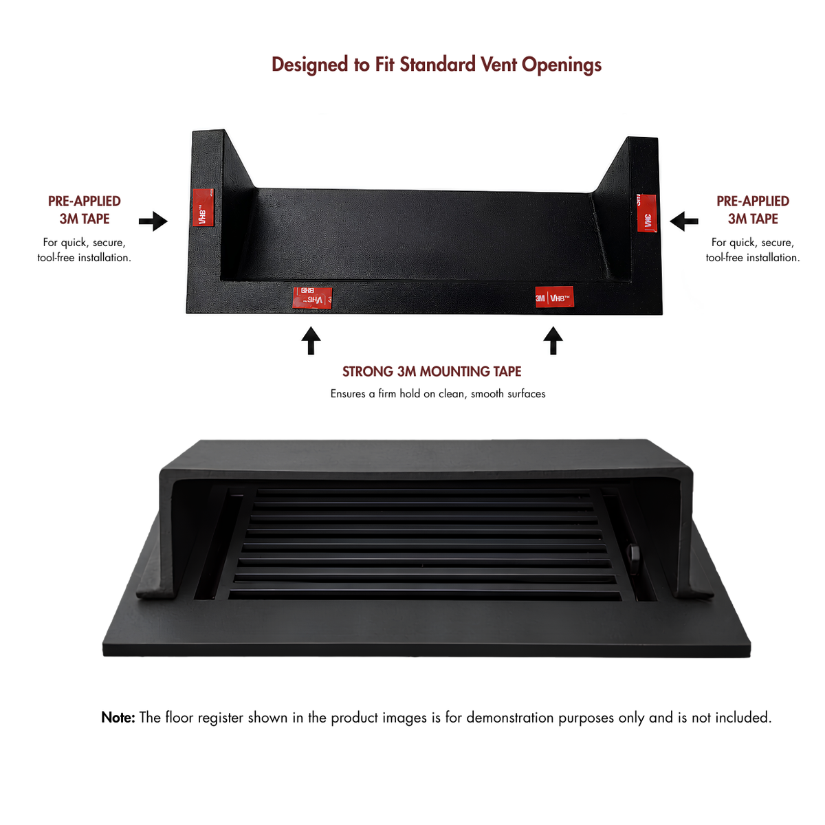 A matte black deflector pre-applied 3M mounting tape and mounting strips shown on a vent opening, with explanatory text. 
