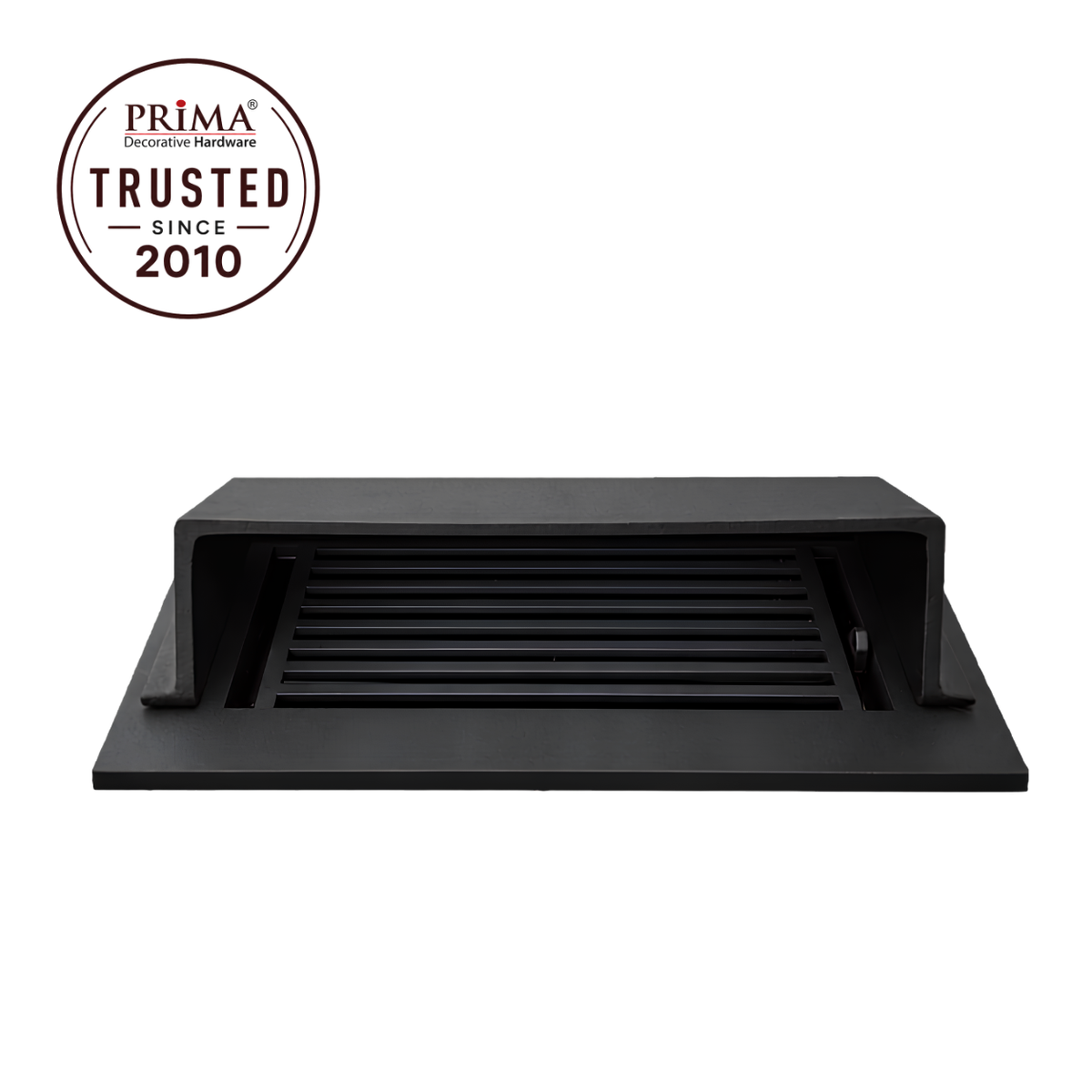 A matte black deflector with angled design alongside with trust badge
