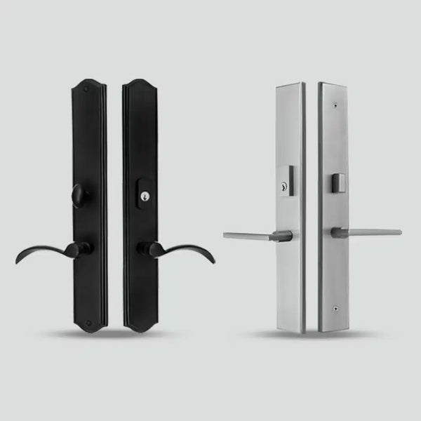 Two door handles with rectangular backplates: one is black with a curved handle, and the other is silver with a straight handle, both shown against a plain light gray background.
