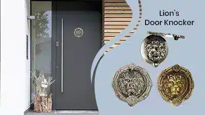 A modern front door with a lions head door knocker. Three close-up views of decorative lion door knockers are shown on the right with the text Lions Door Knocker on a blue background.