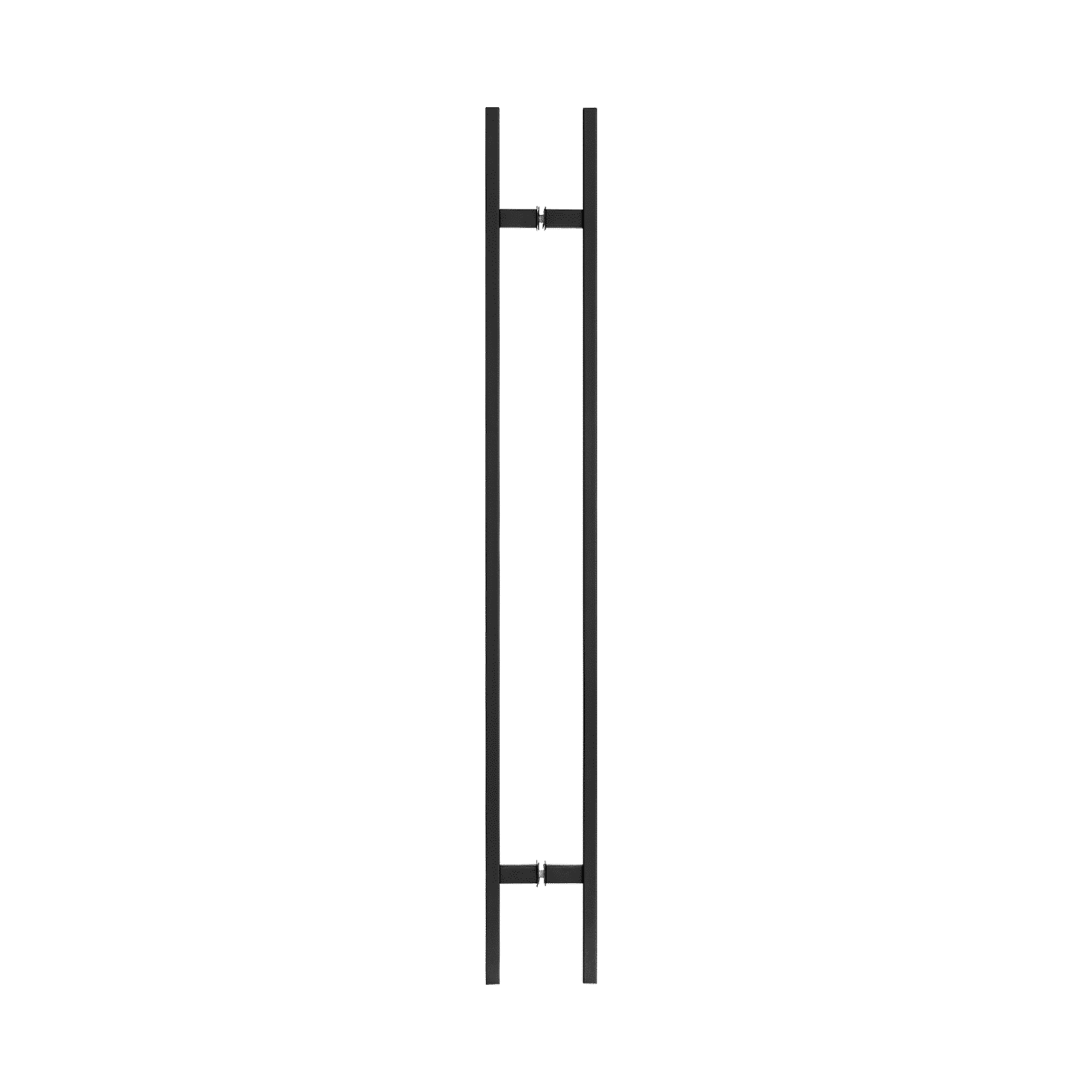 A tall, narrow black metal frame by Prima Decorative Hardware, featuring two horizontal bars connecting vertical bars, resembling a minimalist ladder or matte black door handle, isolated on a white background.