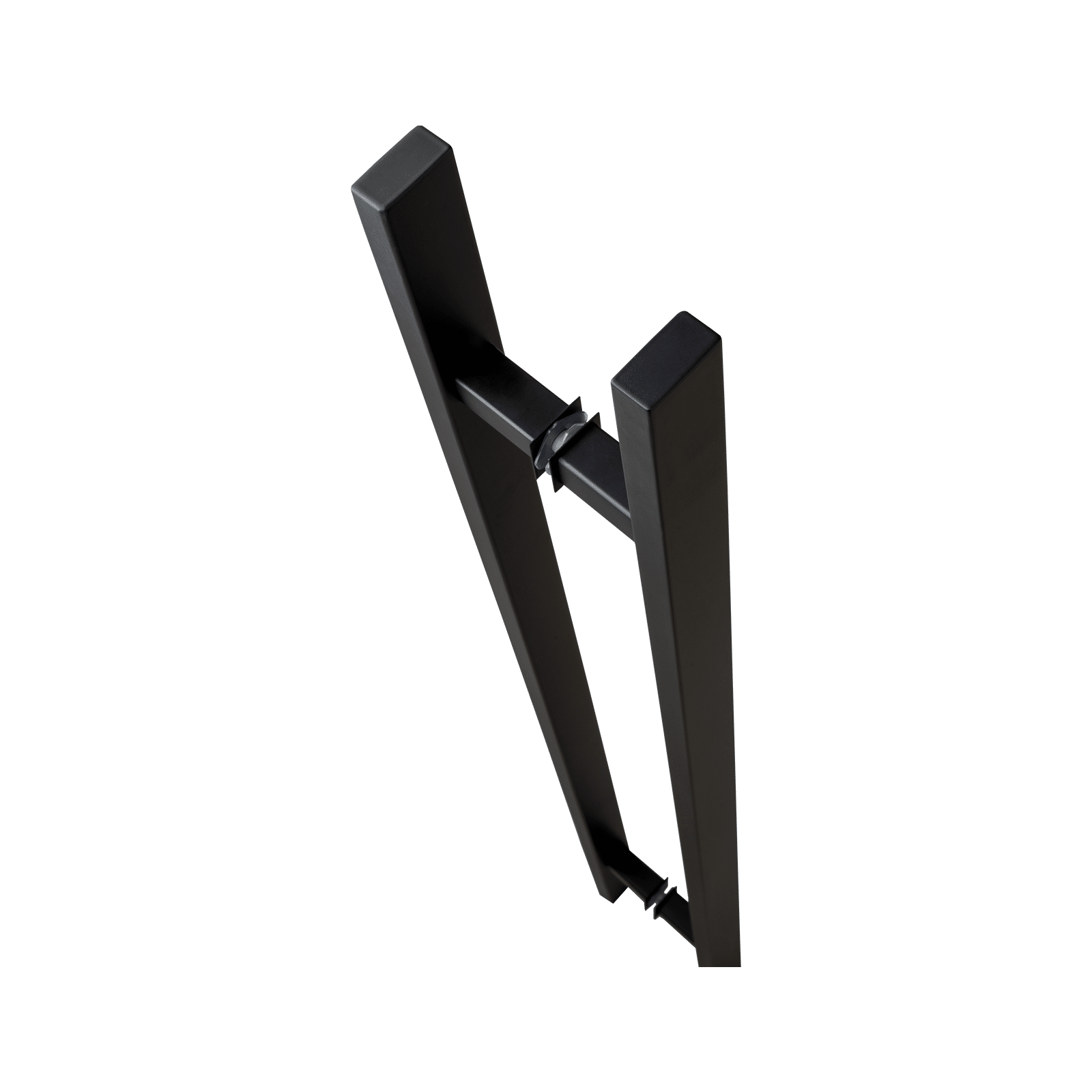 Prima Decorative Hardware’s black matte door handle frame features two vertical bars joined by horizontal supports for enhanced durability, shown from an angled, slightly overhead view against a white background.